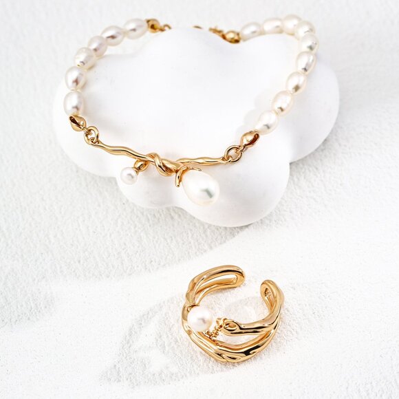 925 Gold Natural Pearl Organic Link Bracelet - Picture 3 of 4